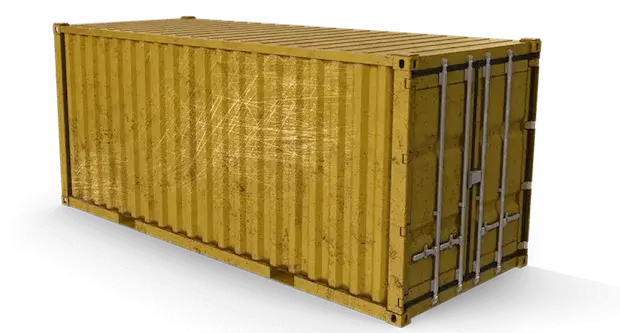 A 3D render of a heavily scratched yellow shipping container, illustrating the cosmetic wear expected on a high-use, low-end Cargo-Worthy unit.