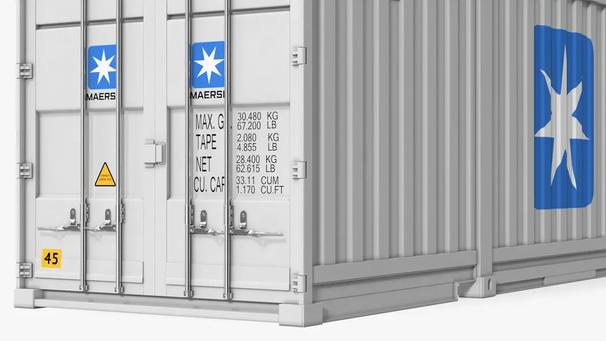 Front view of a white 53-foot high cube shipping container with closed doors
