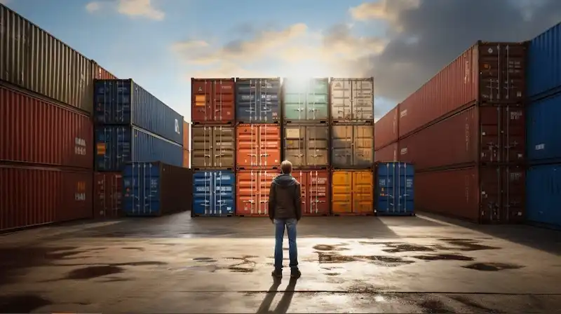 Person standing in a large container yard facing towering stacks, symbolizing the choice of container inventory for the Canadian market.