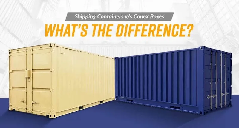 Graphic showing a tan shipping container next to a blue conex box with the question, "What's the Difference?" for comparison.