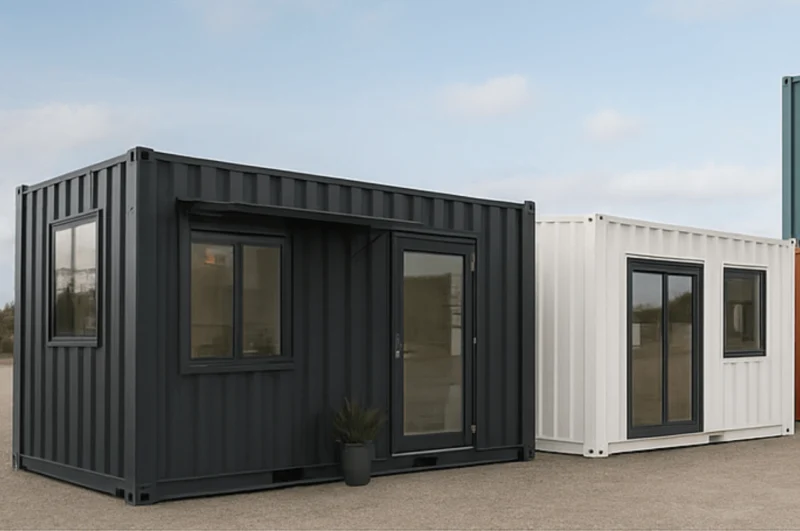 Two modified shipping containers (black and white) with glass doors and windows, used as modern, professional offices.