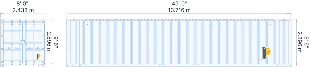 Technical architectural drawing showing the external dimensions of a 45ft high cube shipping container (8' W x 9'6" H x 45' L) in both feet and meters.