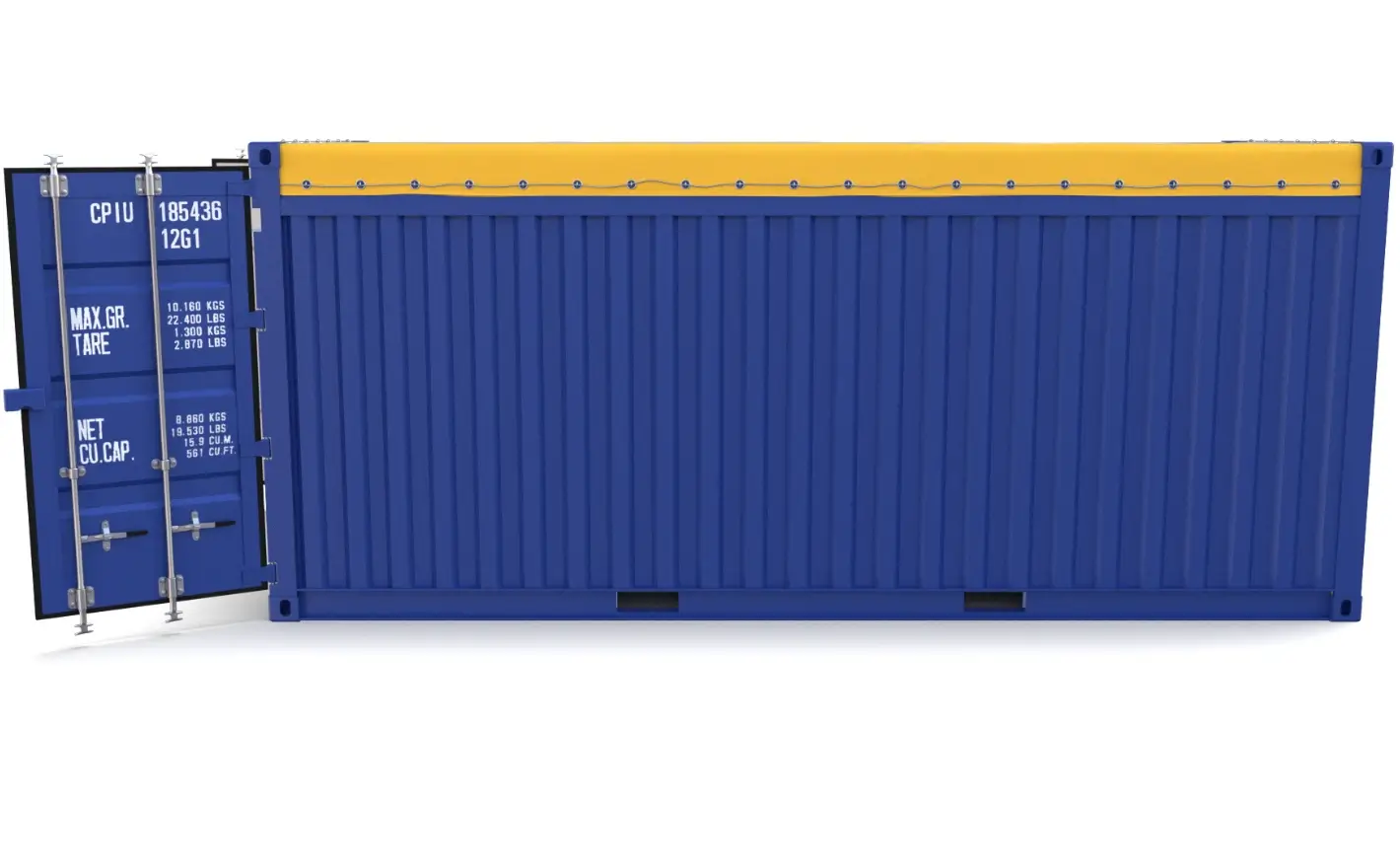 Side view of a 20ft open top container with doors open