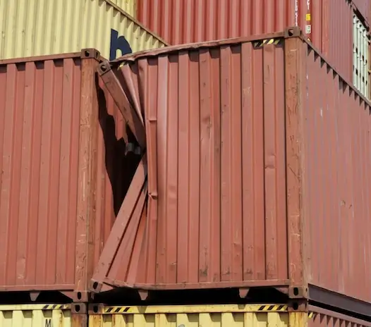 Close-up of a stacked red shipping container with severe structural damage and a massive dent/tear in the side panel, illustrating an As-Is grade.