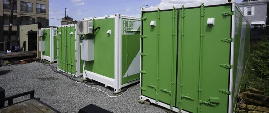 A row of green and white shipping containers with visible AC units, set up as a modular commercial vertical farm operation.
