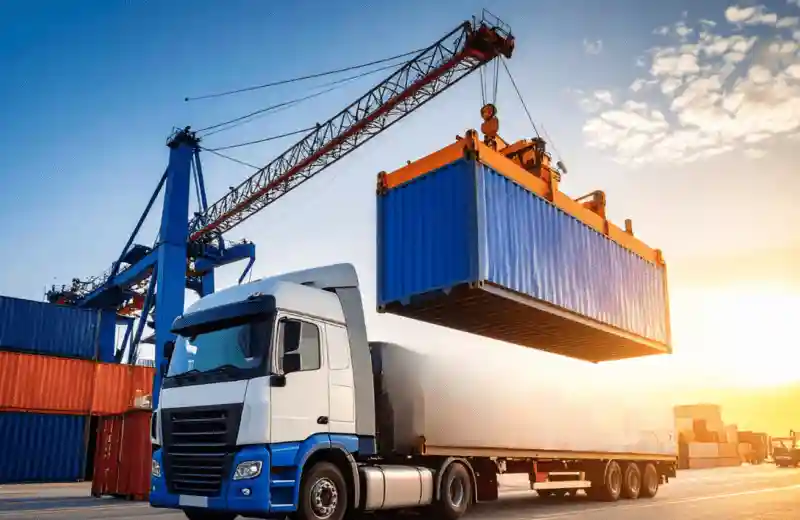 Crane loading a blue shipping container onto a white semi-truck at a port terminal during sunrise, symbolizing the start of delivery.