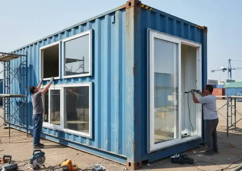 Two workers installing large white-framed windows and a glass door into the side of a blue shipping container.