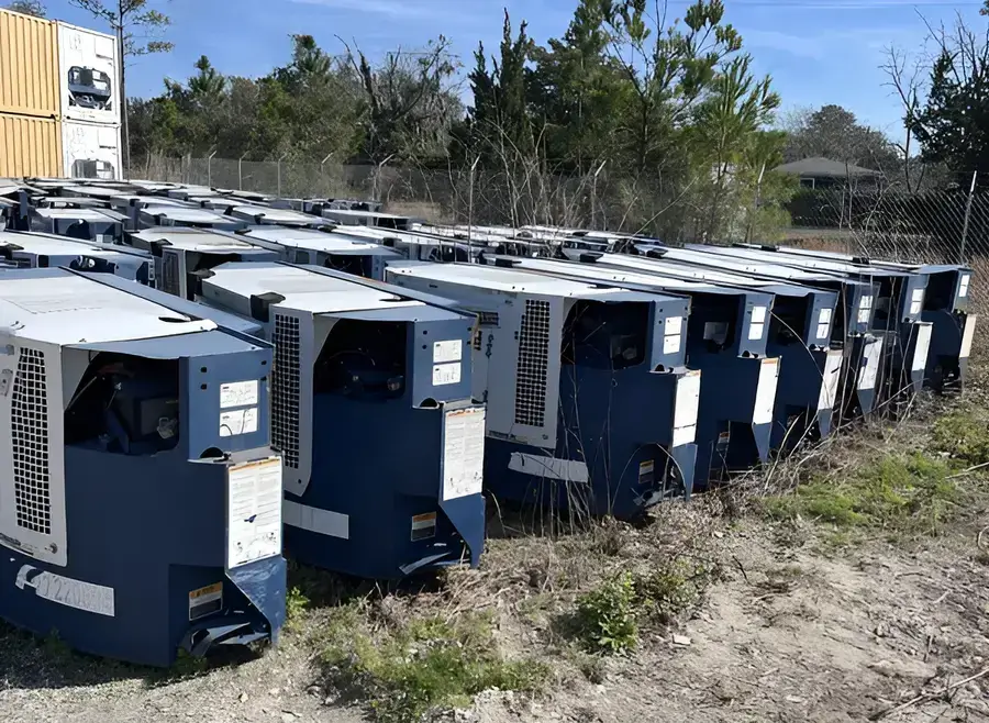 Rows of used Carrier refrigeration units stored outdoors, ready for use in temperature-controlled transpor