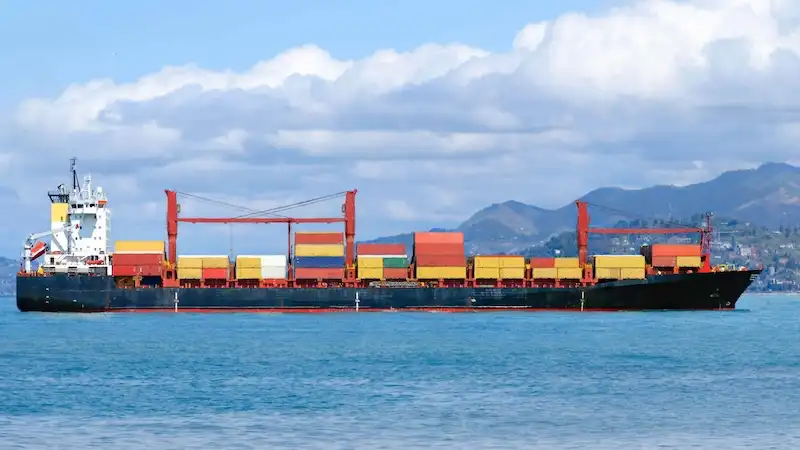 Large cargo ship loaded with colorful containers sailing on a blue sea with mountains in the background, symbolizing transport.