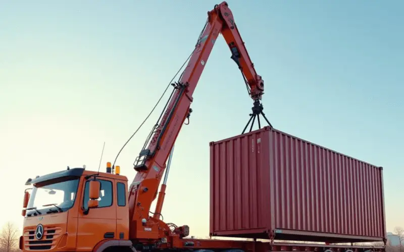 Roll-off delivery truck using its hydraulic crane arm to lift and place a 20ft red shipping container on the ground.