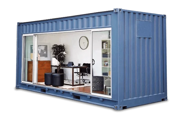 Blue 20ft shipping container office with glass sliding doors, furnished with a desk and professional workspace interior.