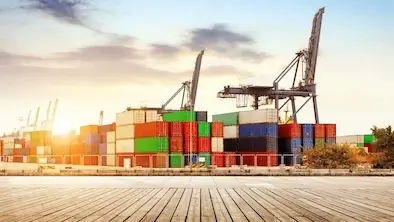 A panoramic view of a massive container terminal at sunrise/sunset, showing tall stacks of red, green, and blue containers with two large industrial gantry cranes in the background.