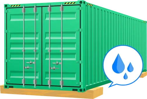 Digital illustration of a green shipping container set on wooden blocks, with water droplets symbolizing the importance of drainage and moisture prevention from the ground up.