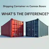 Graphic asking "What's the difference?" showing a red shipping container next to a blue conex box for comparison.