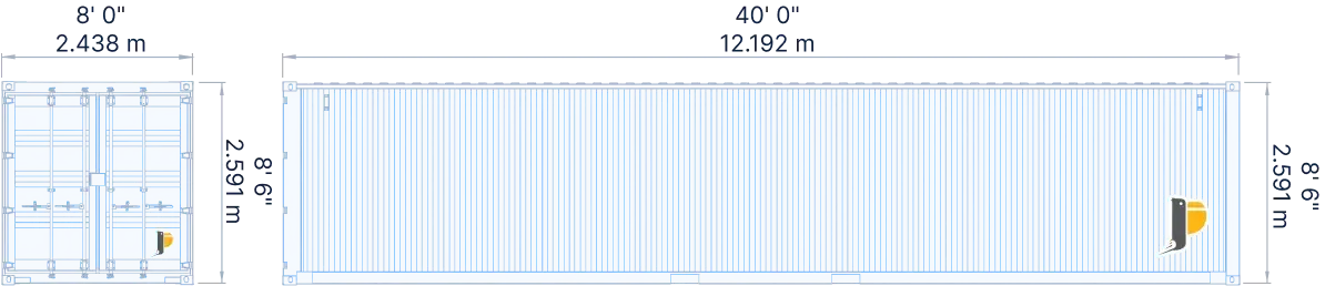 Technical architectural drawing showing the external dimensions of a 40ft standard shipping container (8' W x 8'6" H x 40' L) in both feet and meters.