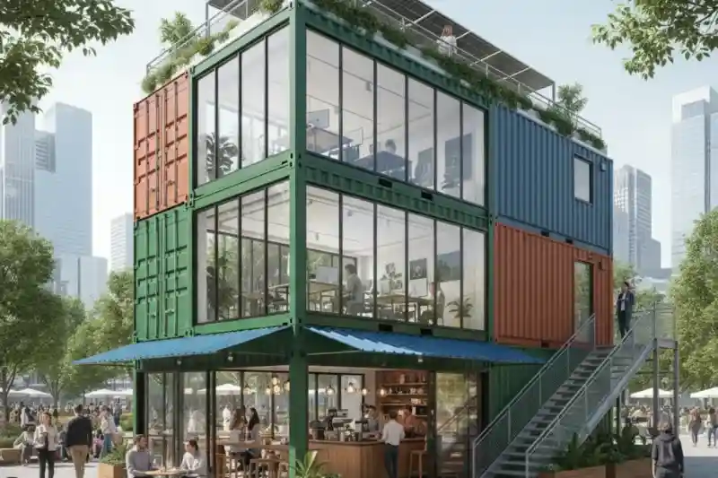 Multi-story container building (cafe/office) with glass walls, outdoor seating, and external stairs in a city park.