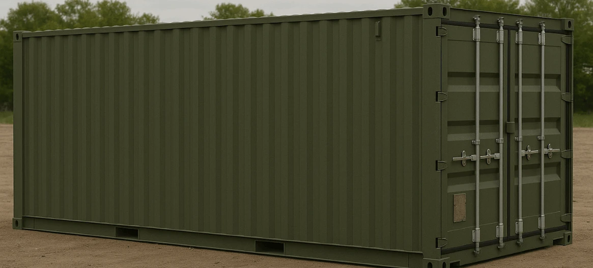 A clean, olive-drab (green) 20ft shipping container standing on dirt ground, representing a unit suitable for military or government use.