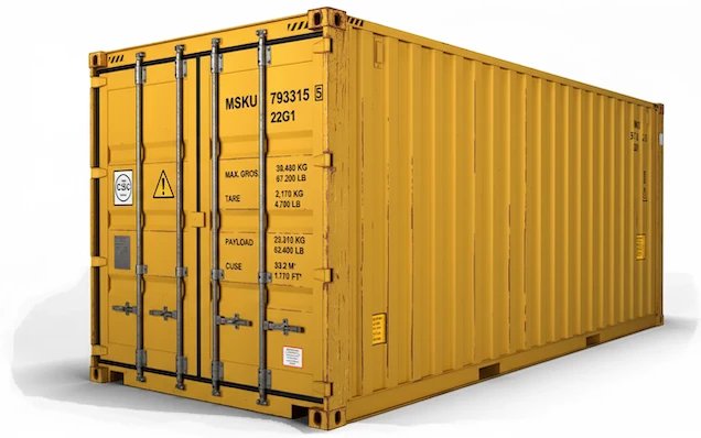 High-resolution 3D render of a yellow 20ft standard shipping container, clearly displaying the door-end stenciled specifications for Max Gross Weight, Tare Weight, and Payload.
