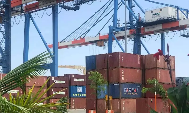 Busy Indian port terminal with gantry cranes overhead and stacks of multi-brand shipping containers in a sunny yard.